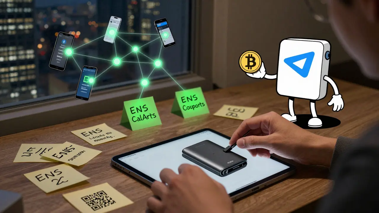 A person connecting a hardware wallet to a tablet, surrounded by ENS addresses and a Bluetooth mesh network of connected phones.