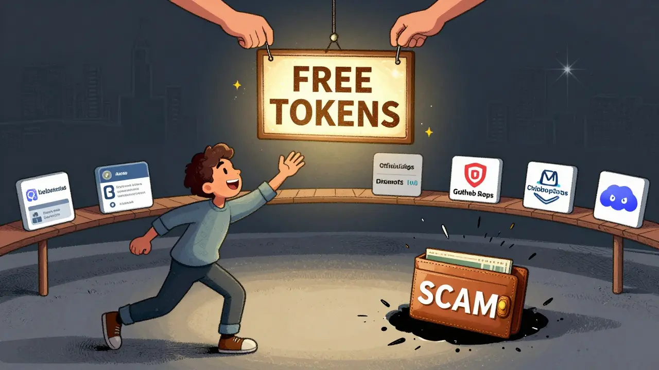 A person reaching for fake free tokens as their wallet empties into a black hole, with real resources forming a path to safety.