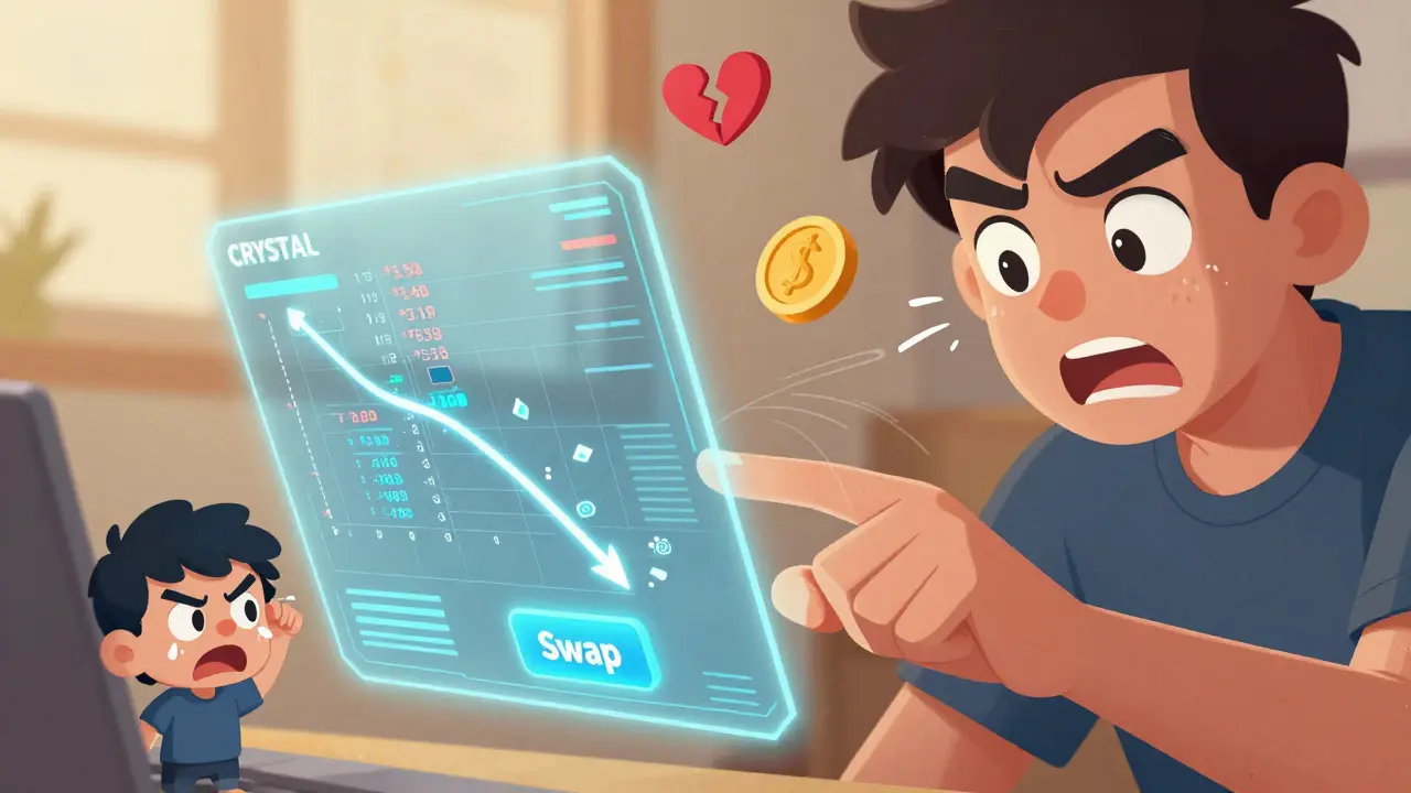 A player's hand clicking a swap button as token prices crash, with visual symbols of impermanent loss swirling around.