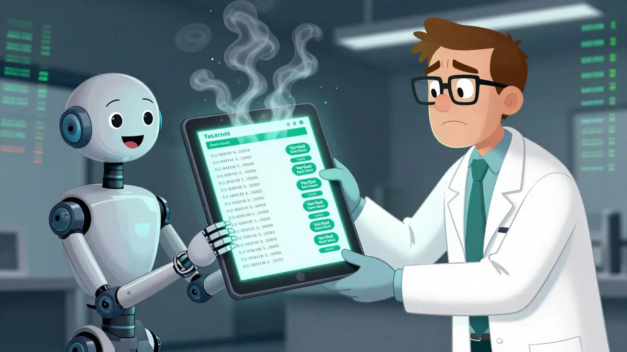 A robot assistant verifies clinical trial data into a glowing blockchain ledger.