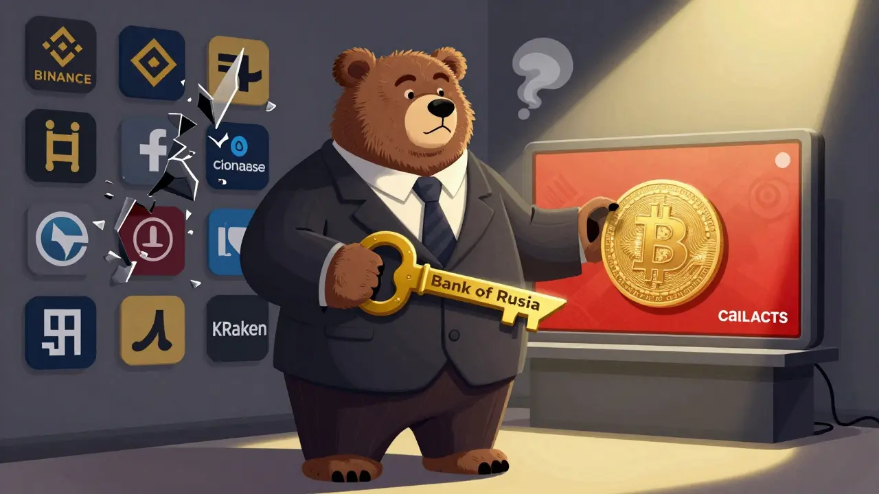 A Russian bear in a suit unveils a state-controlled crypto platform while foreign exchanges shatter behind.