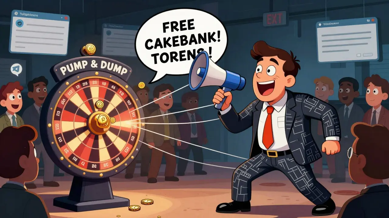 A scammer in a chart-suit tricks cartoon people into buying worthless tokens from a roulette wheel labeled &#039;PUMP &amp; DUMP&#039;.