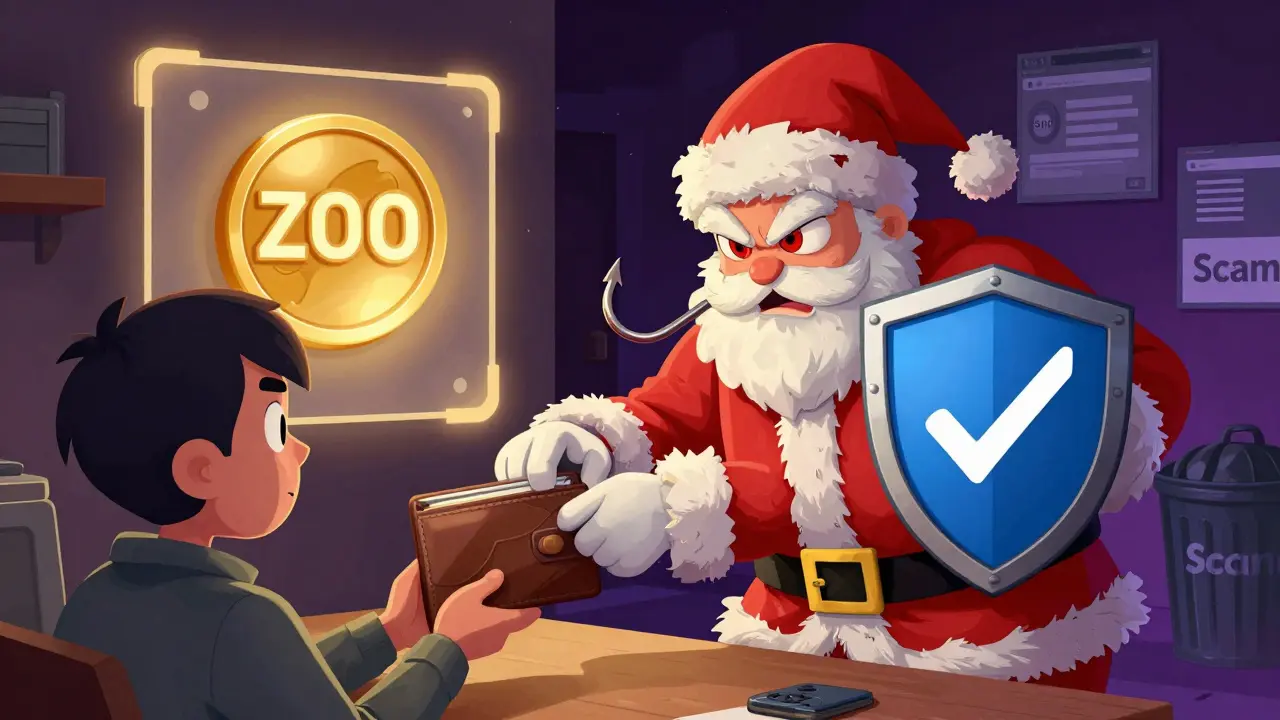 A scammer in a Santa suit trying to steal a wallet, blocked by a verified checkmark shield.