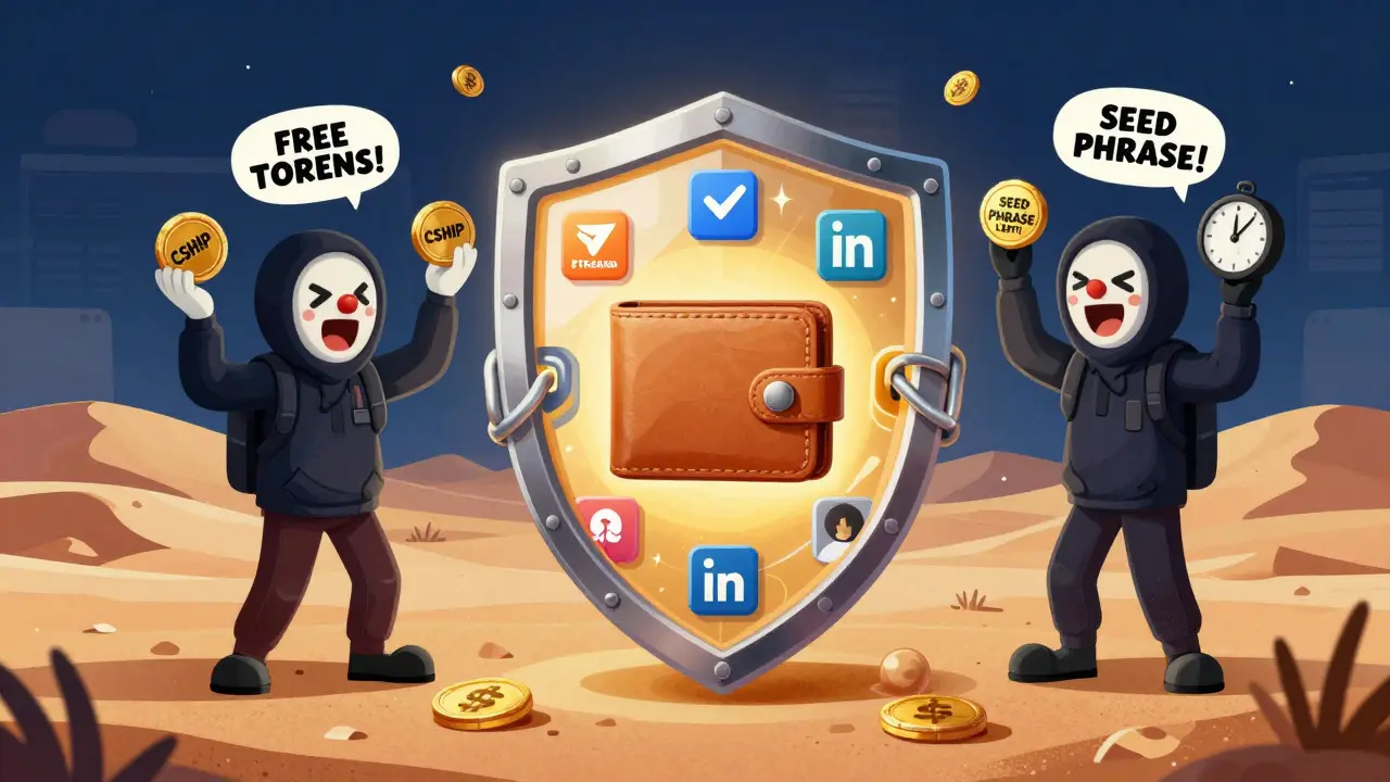 A secure wallet shielded from scammer clowns waving fake tokens in a crypto desert.