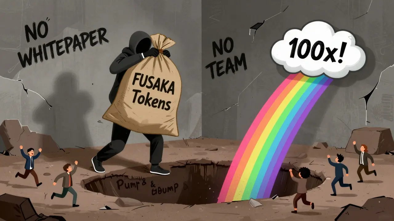 A shadowy figure dumping FUSAKA tokens into a pump-and-dump pit while hopeful investors jump toward a fake rainbow.