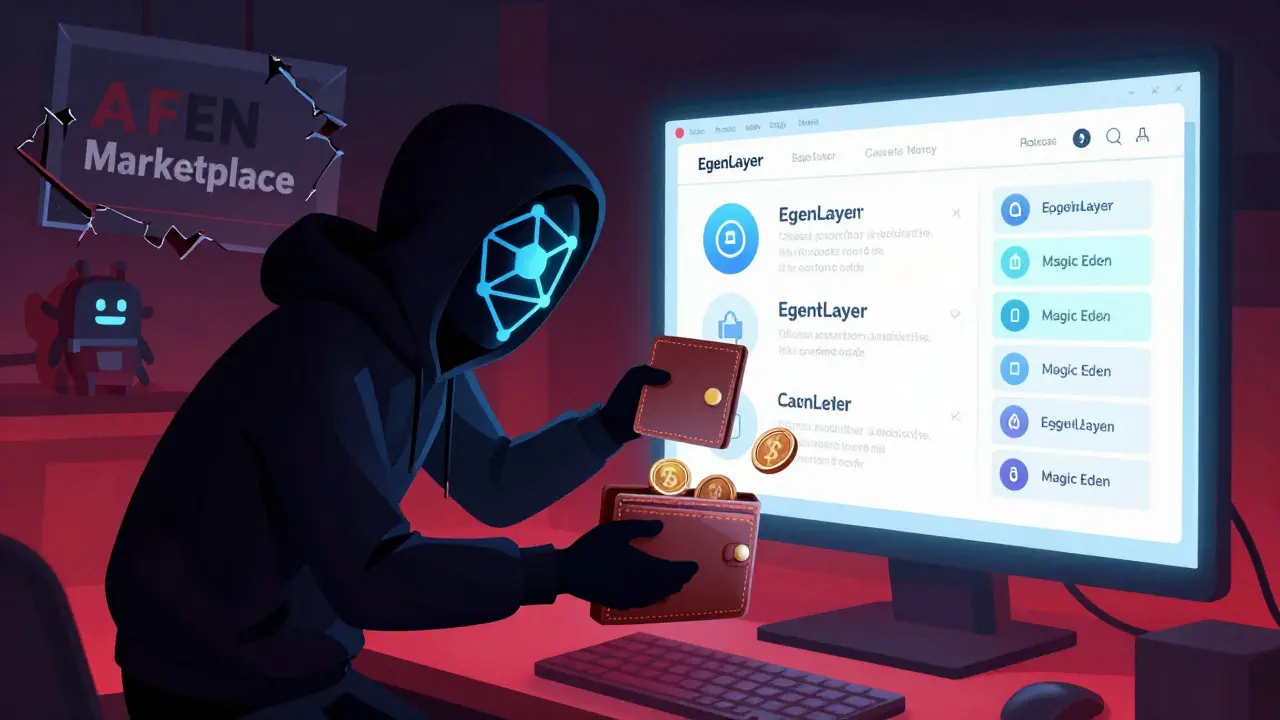 A shadowy scammer draining crypto from a wallet as a fake website crumbles, while legitimate projects shine brightly nearby.