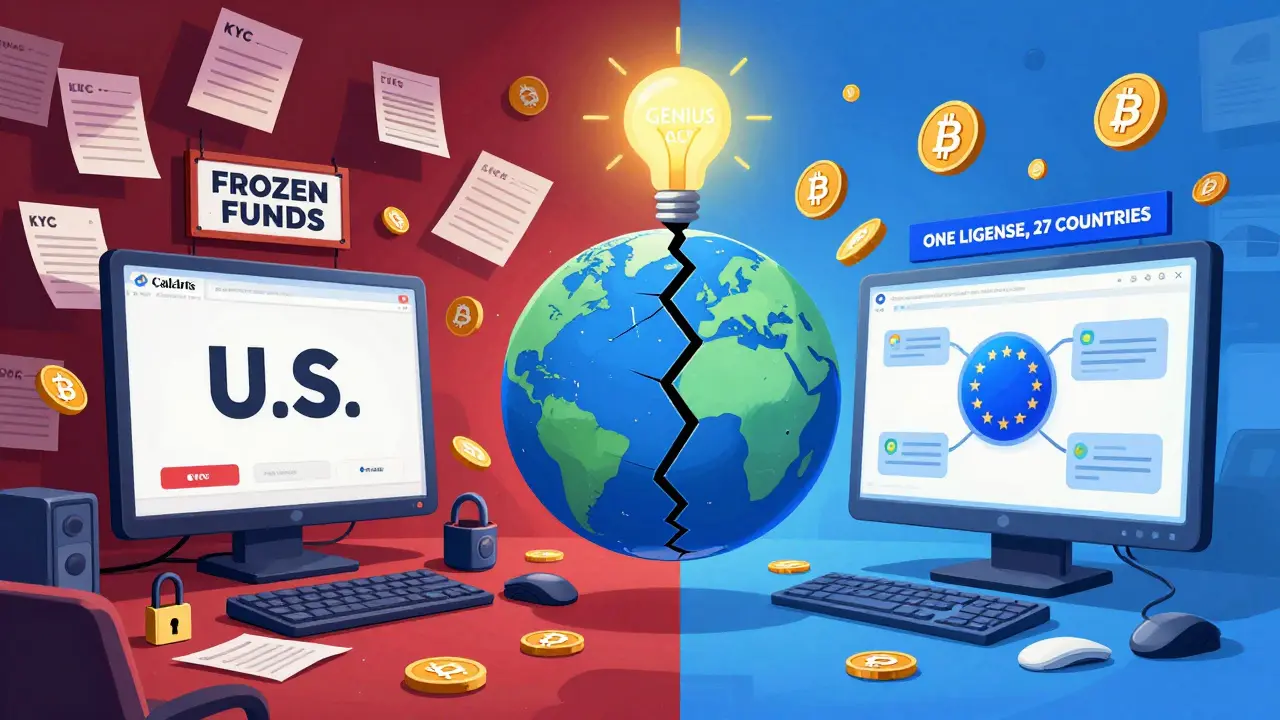 A split global exchange: chaotic U.S. side vs. orderly EU side.