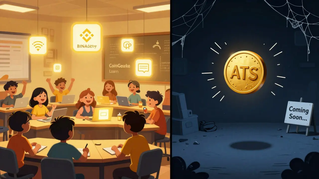 A split scene: vibrant crypto learning platforms on one side, a lonely ATS token spinning in darkness on the other.