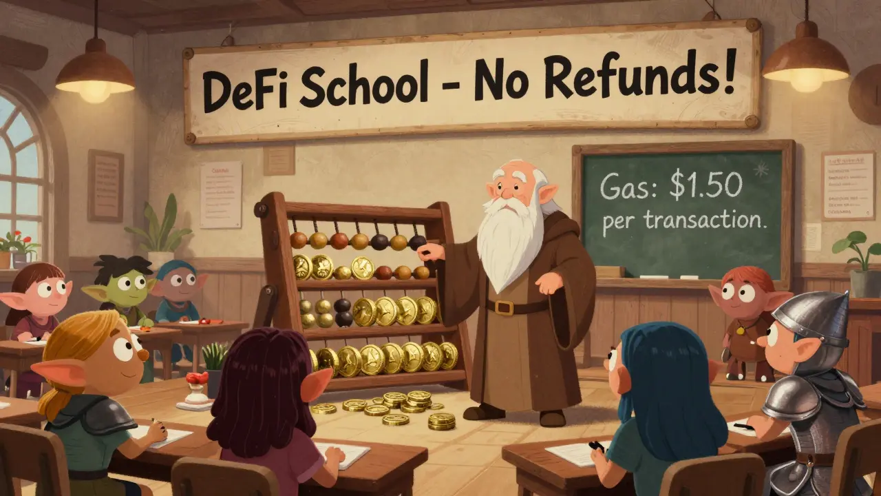 A wise hero teaching goblins and knights about gas fees in a cozy tavern classroom with AVAX coin abacus and chalkboard.