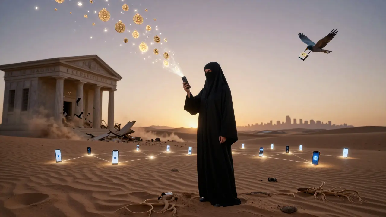 A woman in a burqa sends crypto via satellite phone as digital currency flows into the sky.