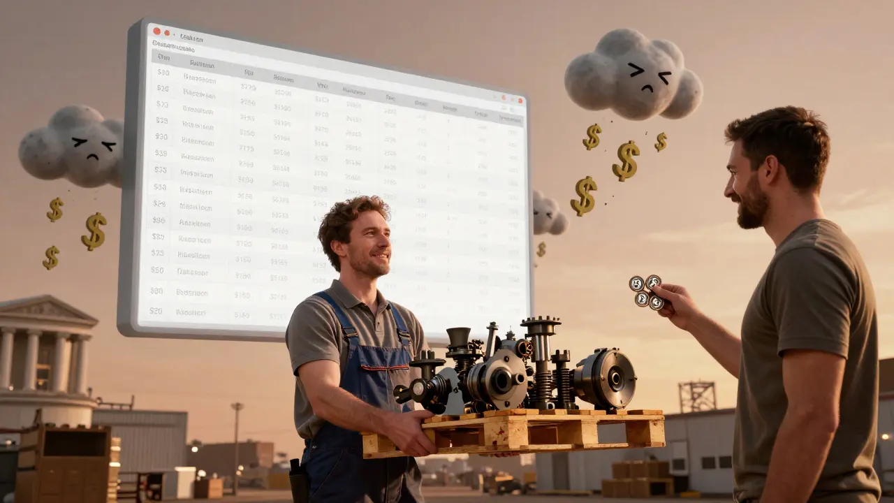 A worker trades goods for A7A5 tokens while a giant blockchain ledger watches from above.