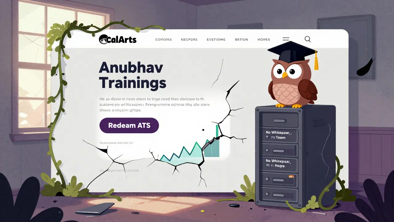 An abandoned Anubhav Trainings website overgrown with crypto charts, with a confused owl perched on a server rack.