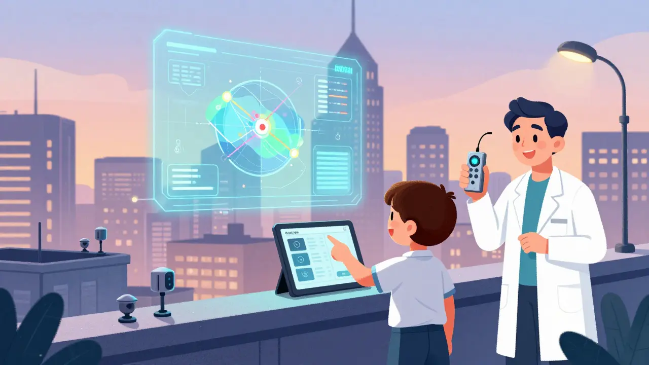 City skyline with holographic air maps and a child learning environmental data from a tablet.