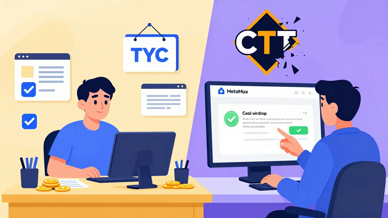 Contrasting scenes: chaotic scam desk vs. calm verified airdrop interface with real project logos.