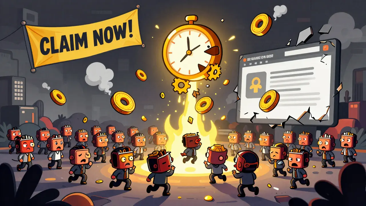 Crowd of cartoon crypto users trying to catch dissolving BAGEL tokens during a failed airdrop event.