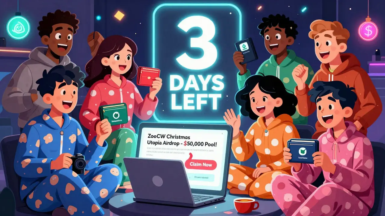 Diverse users excitedly clicking a &#039;Claim Now&#039; button on a laptop with a countdown timer for a crypto airdrop.