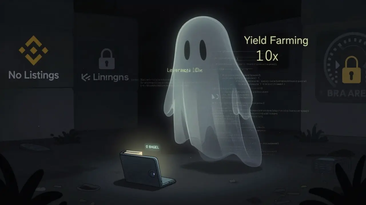 Ghostly DeFi protocol skeleton fading into darkness, with an empty wallet and no exchange listings visible.