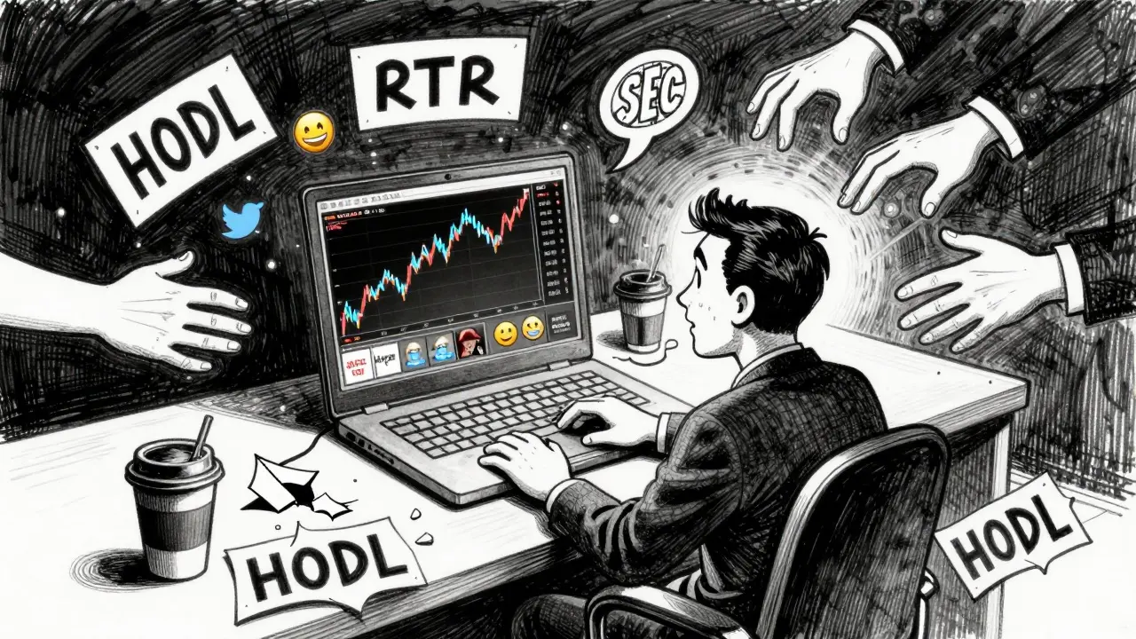 Investor staring at fluctuating RTR prices while ghostly regulatory hands loom