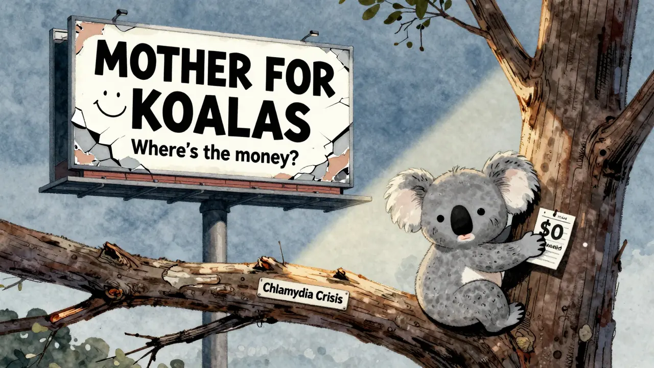 Koala on broken tree with zero donation receipt, Iggy's billboard peeling above.