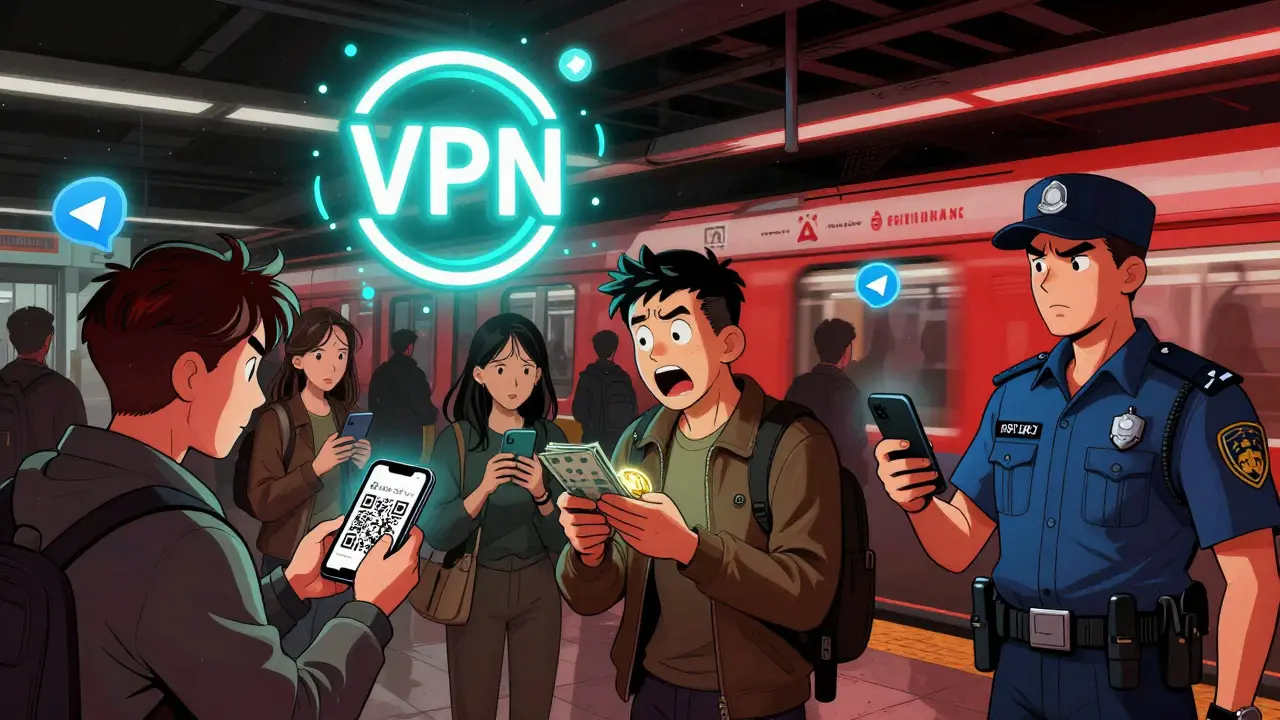 People trade crypto via QR codes in a Moscow subway, with VPN icon above and authorities ignoring the scene.