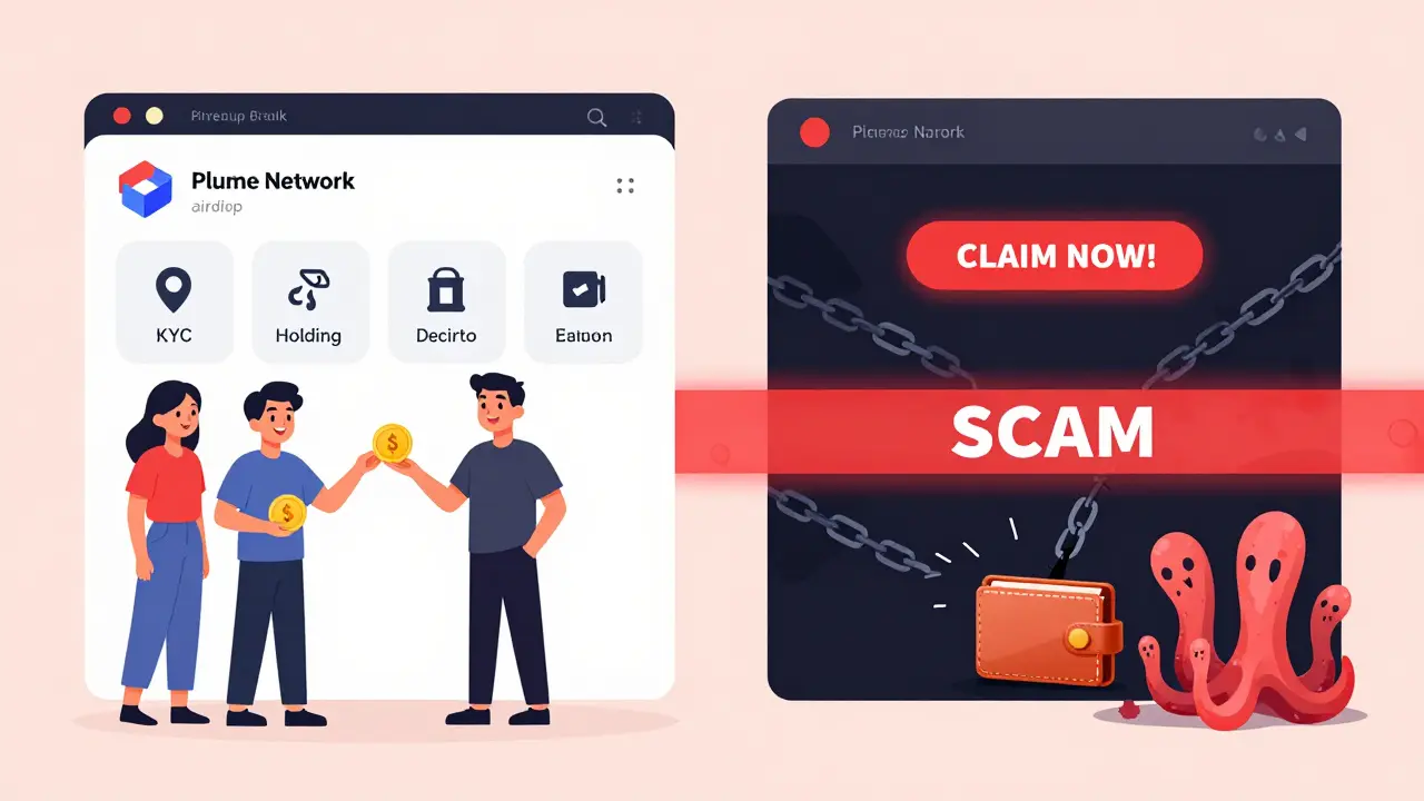 Side-by-side comparison of a legitimate airdrop vs a phishing scam in cartoon style.
