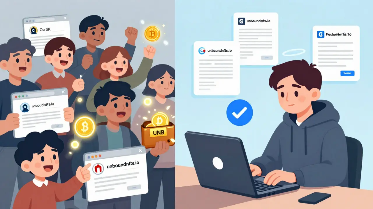 Split scene: chaotic scam seekers vs. one person safely accessing the official Unbound NFTs website.