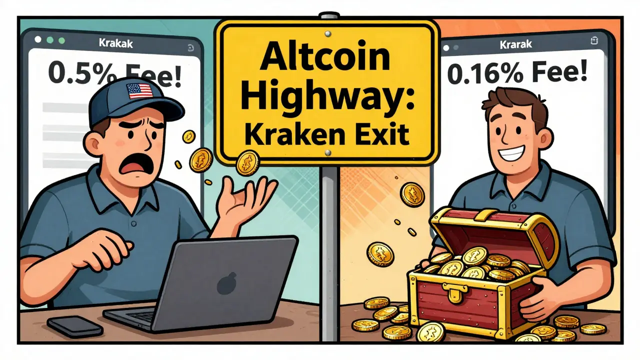 Split scene: frustrated trader at Coinbase vs. happy trader at Kraken with fee comparisons.