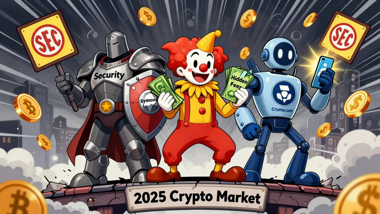 Three cartoon characters representing exchanges standing on a crumbling crypto market bridge.