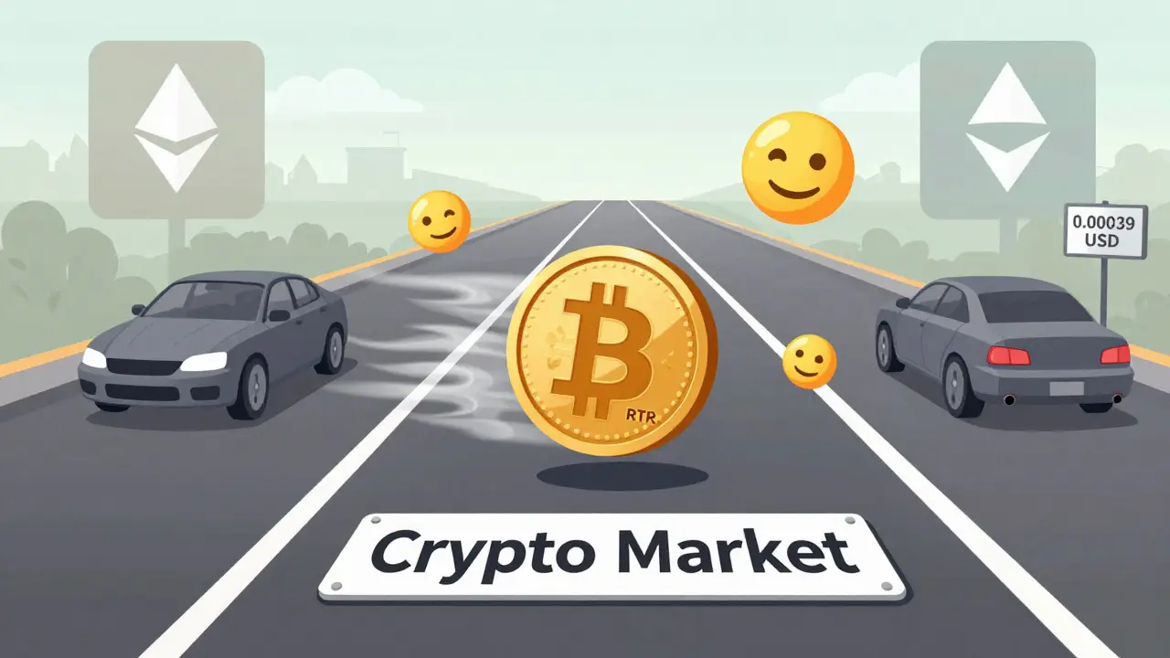 Tiny RTR token drifting alone on a vast empty crypto highway