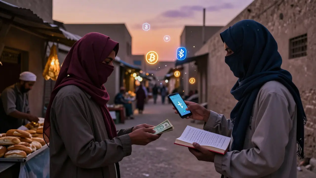 Two people exchanging cash for USDT in an alley, a seed phrase hidden in a schoolbook.