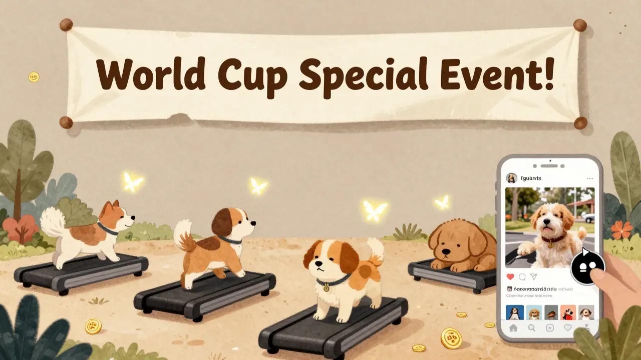 Virtual pets walk on treadmills inside a colorful app world, while a peeling banner reveals nothing underneath.