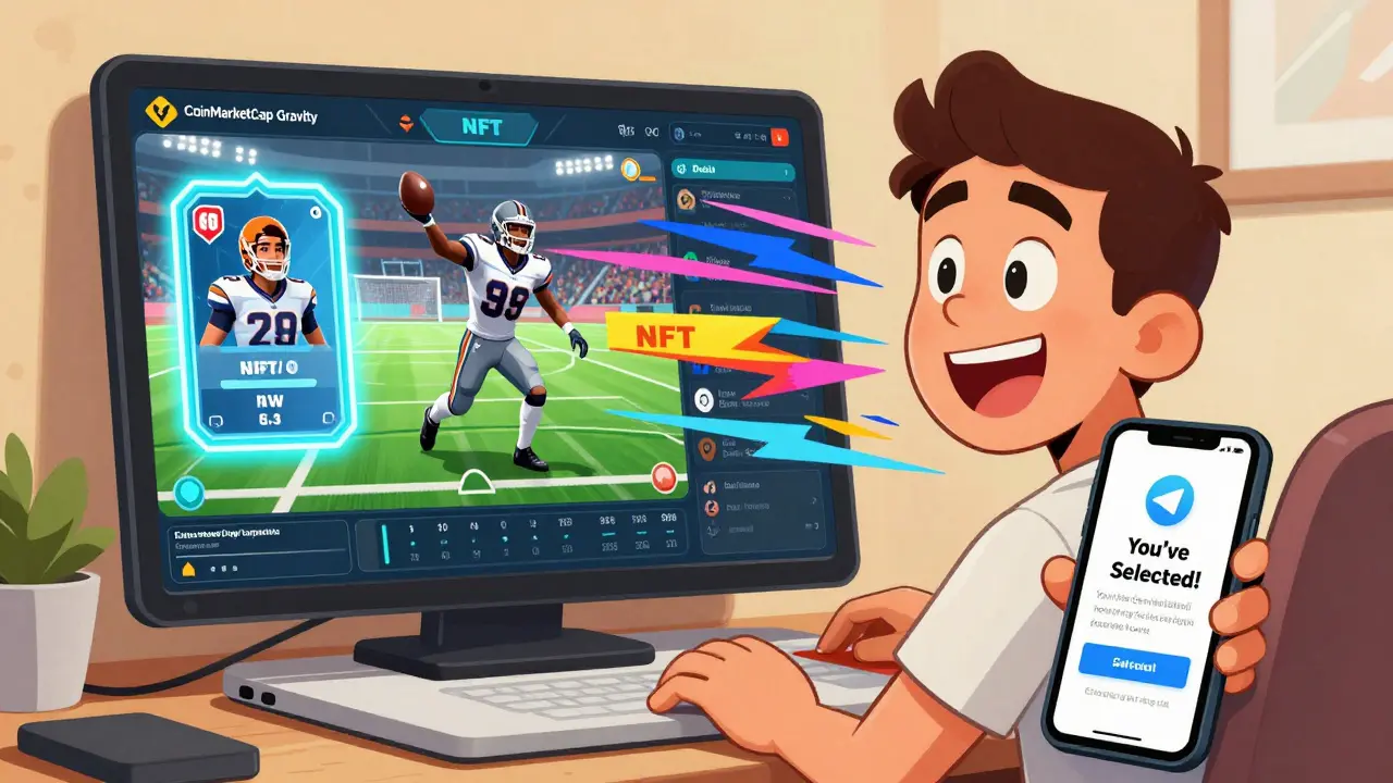 A bedroom scene with a projected footballer scoring, NFT dashboard, and notification pop-ups in vibrant CalArts animation style.