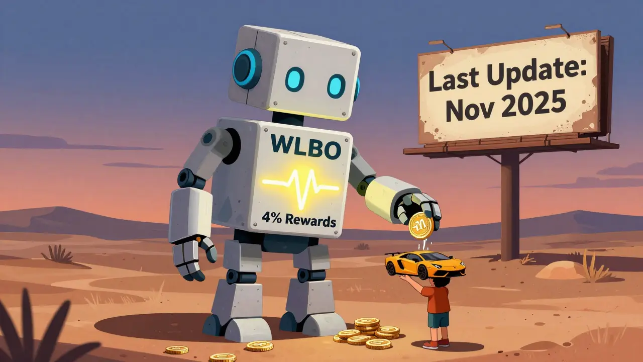 A blockchain robot distributing rewards and a Lamborghini toy, standing in a desert of worthless coins.