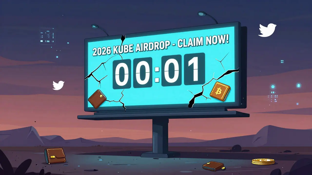 A broken billboard with a frozen 2026 airdrop ad in a deserted digital wasteland.