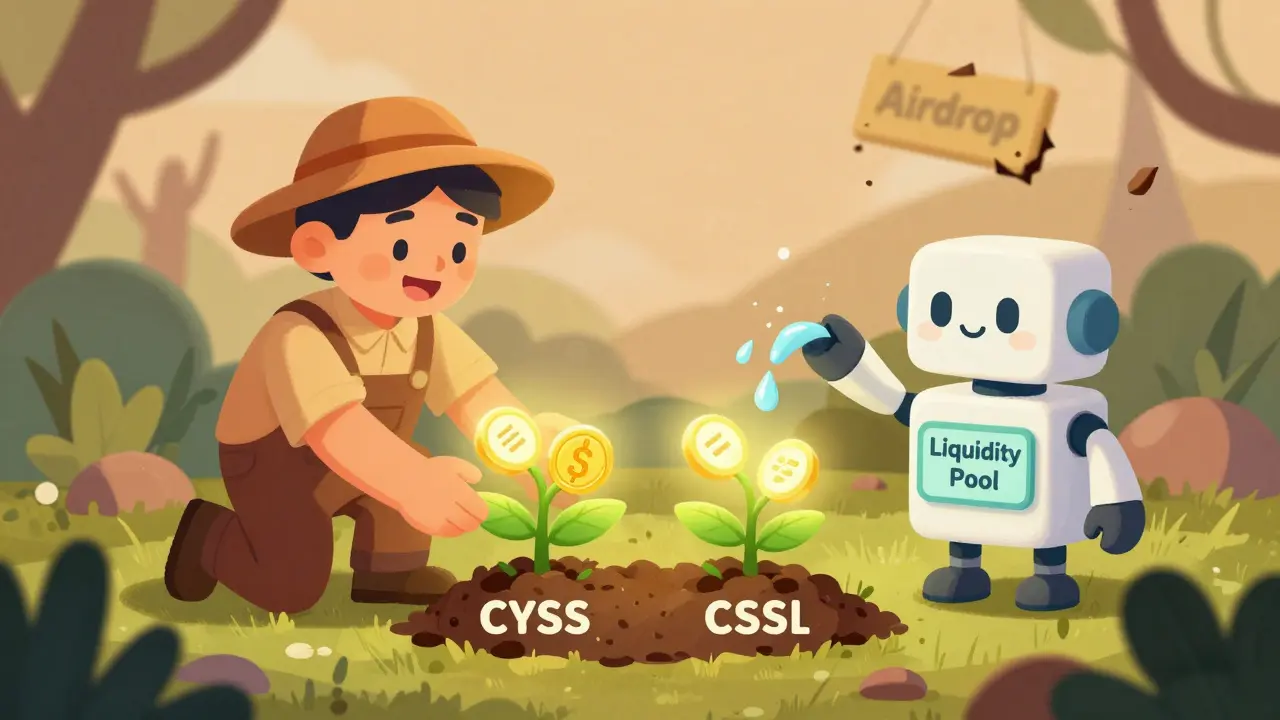 A cheerful farmer tending glowing CSS and CSSl plants on the CoinSwap Space dashboard with a helpful robot.