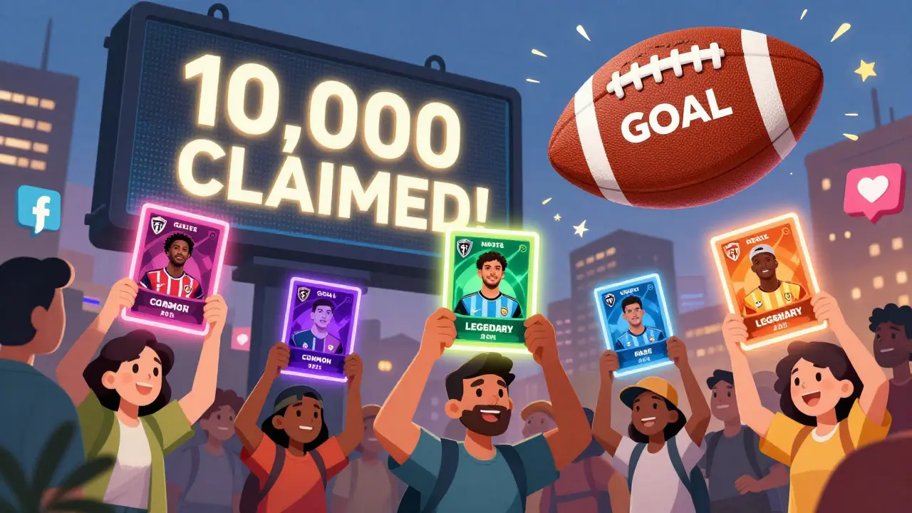 A crowd of fans hold unique football NFT cards under a giant scoreboard, with a token-shaped football glowing above them.