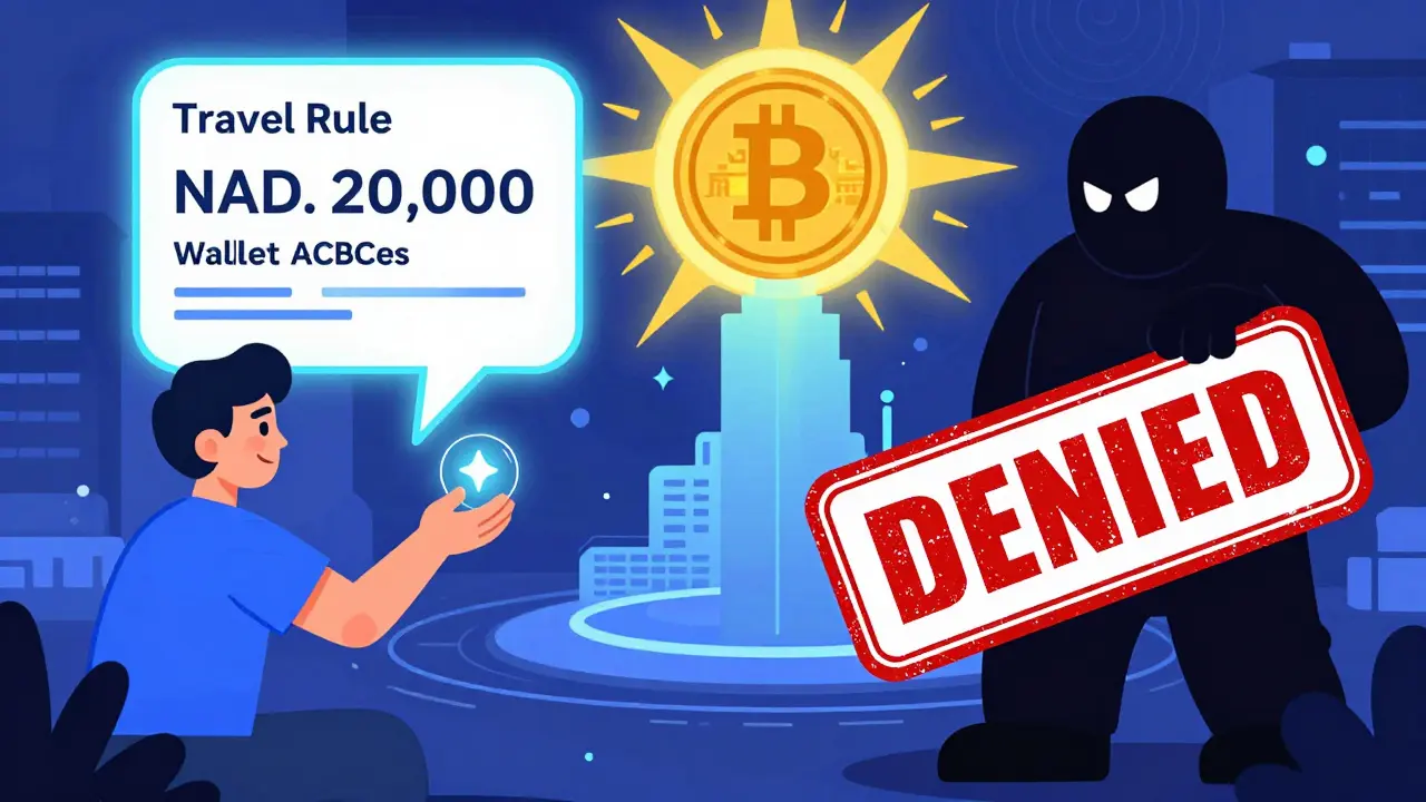 A crypto transaction triggers a Travel Rule form while an unlicensed exchange is blocked.