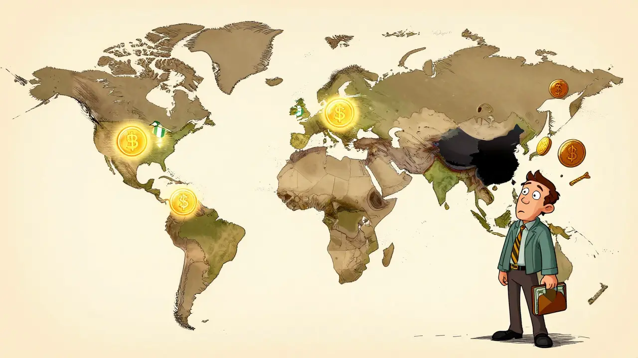 A dark United States on a glowing global map, isolated while other nations use digital currencies.