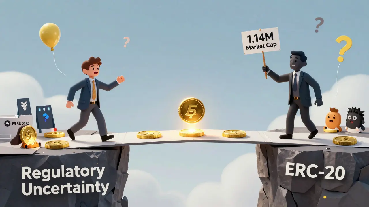 A fragile token bridge spans a regulatory chasm, with investors on one side and a shadowy SEC figure on the other.