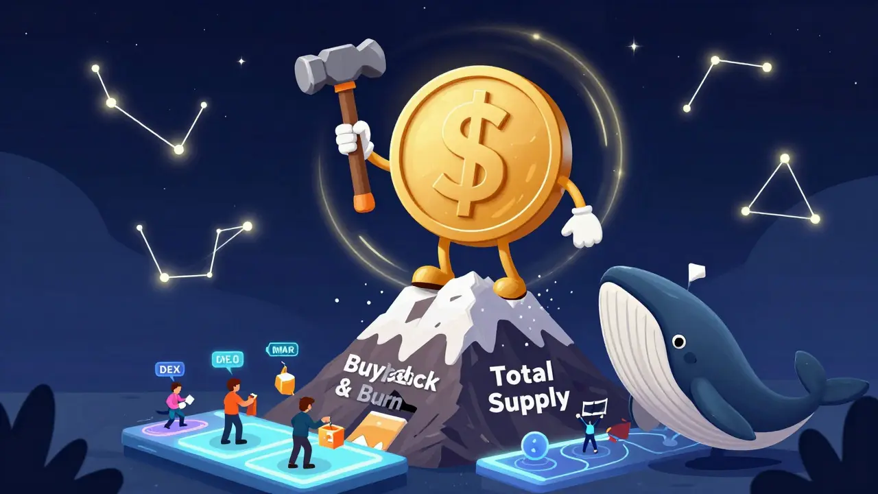 A friendly $POSI token hammering away at a shrinking supply mountain while users trade below in a cosmic setting.