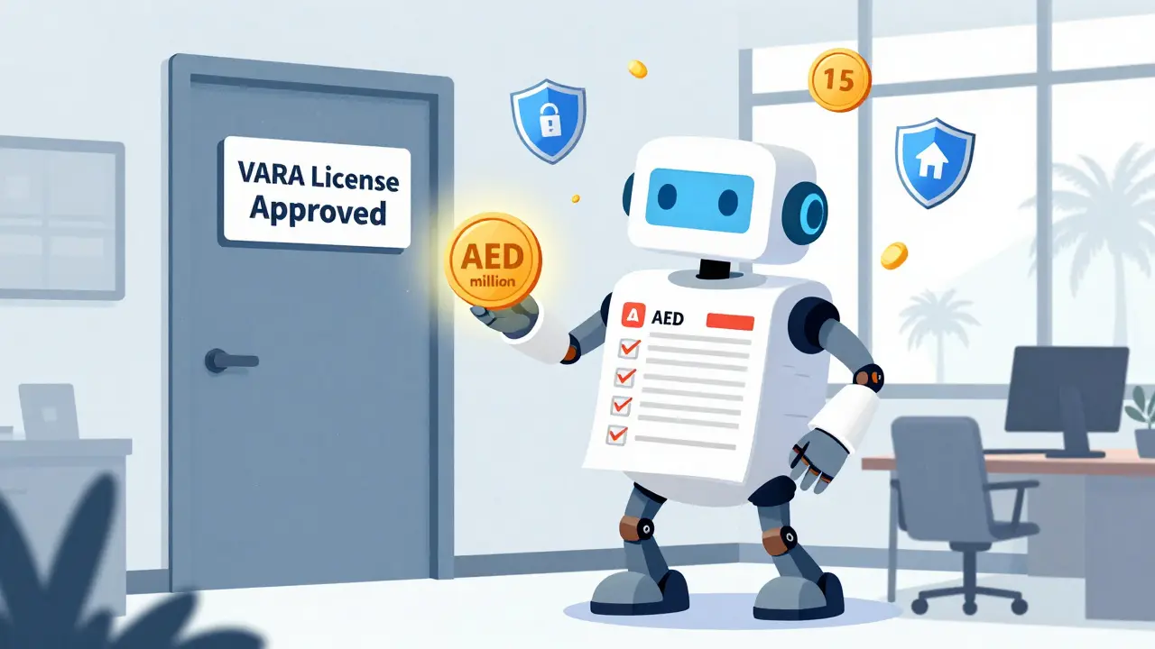A friendly regulatory robot guiding a startup through a license door with crypto compliance icons around it.