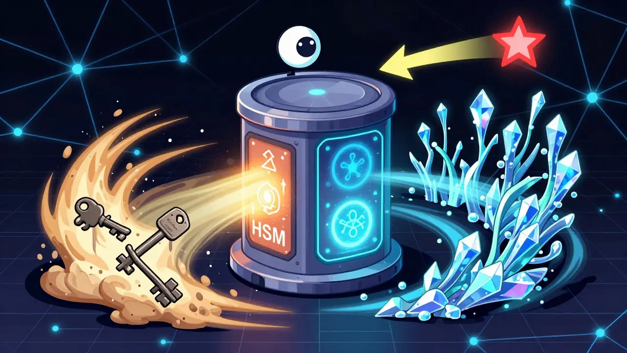 A futuristic HSM with quantum keys evolving as AI detects a rogue transaction, set in a glowing neural grid.