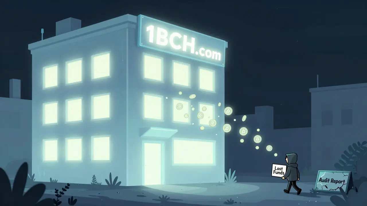 A ghostly abandoned 1BCH.com building with fading tokens and a discarded audit plaque, as a user walks away.