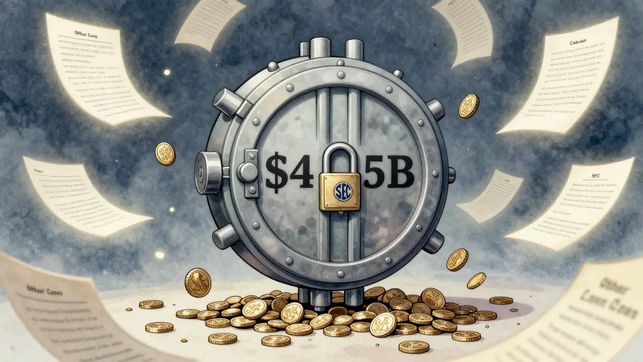 A massive .5B vault dominates the scene, dwarfing 33 tiny crypto case coins surrounded by legal papers.