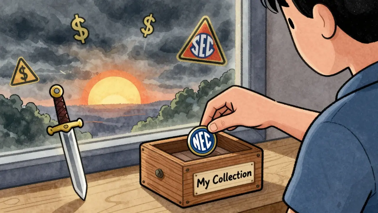 A player places an NFT into a keepsake box as stormy financial signs clear to reveal a sunrise outside.