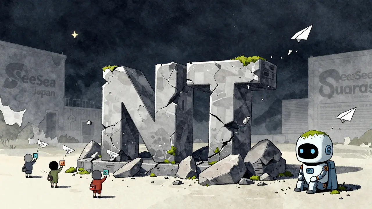 A ruined mining rig monument crumbles as users watch their NFTs fly away into nothing.