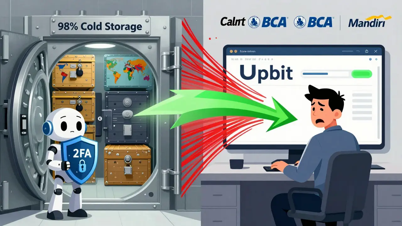 A secure cold storage vault with 2FA protection contrasted against a slow exchange platform with delayed trades.