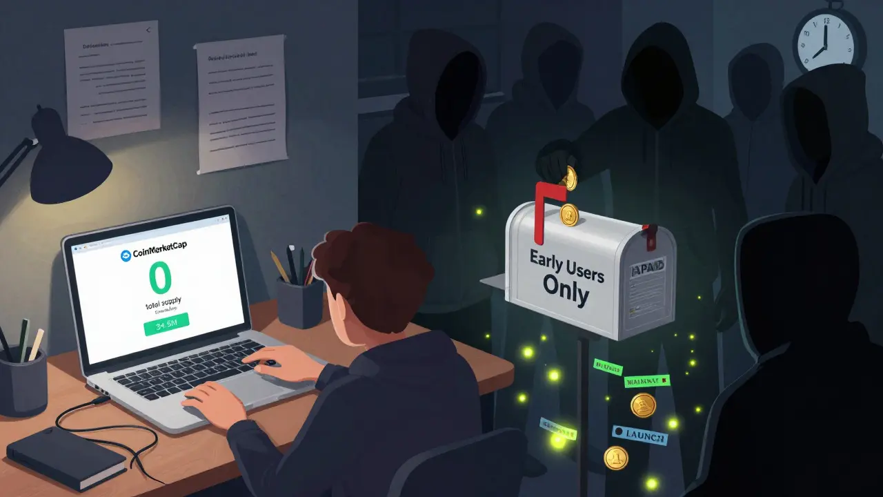 A split scene showing CoinMarketCap's APAD supply glitch and mysterious tokens being delivered to early users.