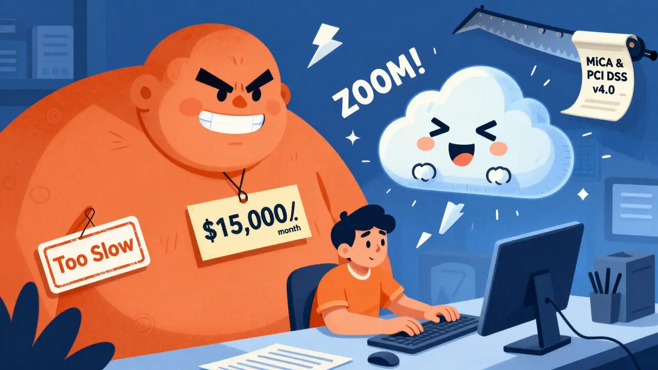 A stressed developer surrounded by a costly HSM while a cloud HSM zips past, under a regulatory guillotine.