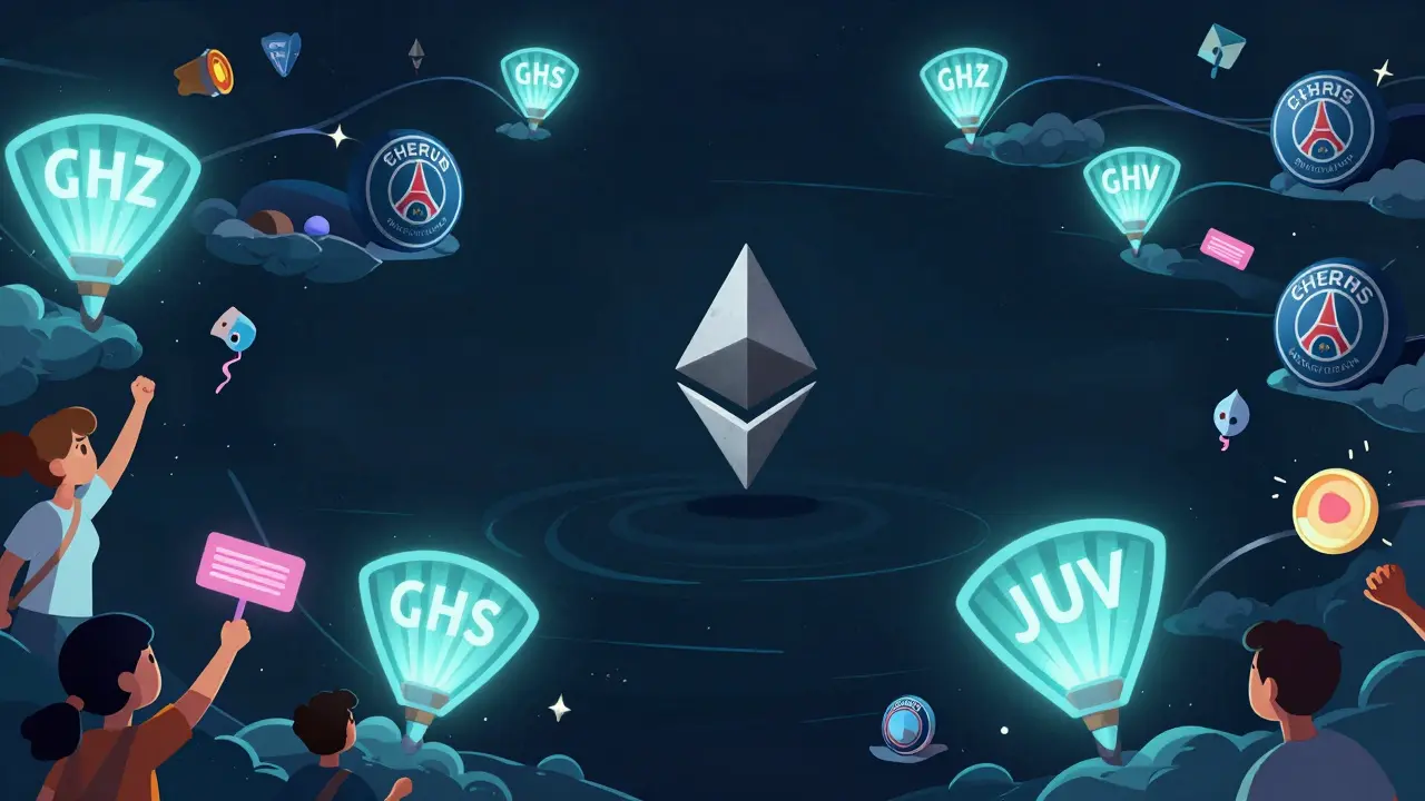 A tiny GRS token floats silently in a vast blockchain ocean while other fan tokens buzz with activity.